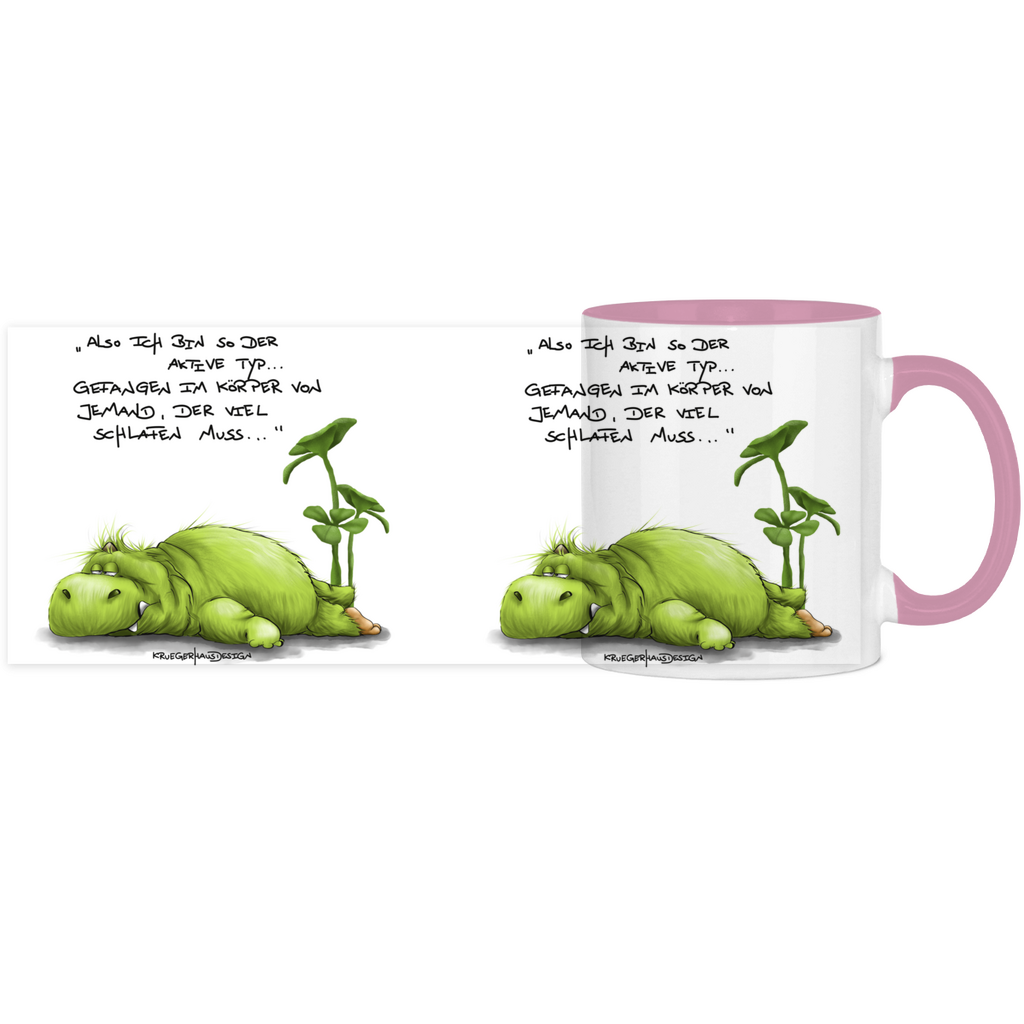 Tasse, Kaffeetasse, Teetasse, zweifarbig, Kruegerhausdesign Monster mit Spruch, klassisch, Also ich bin so der aktive Typ