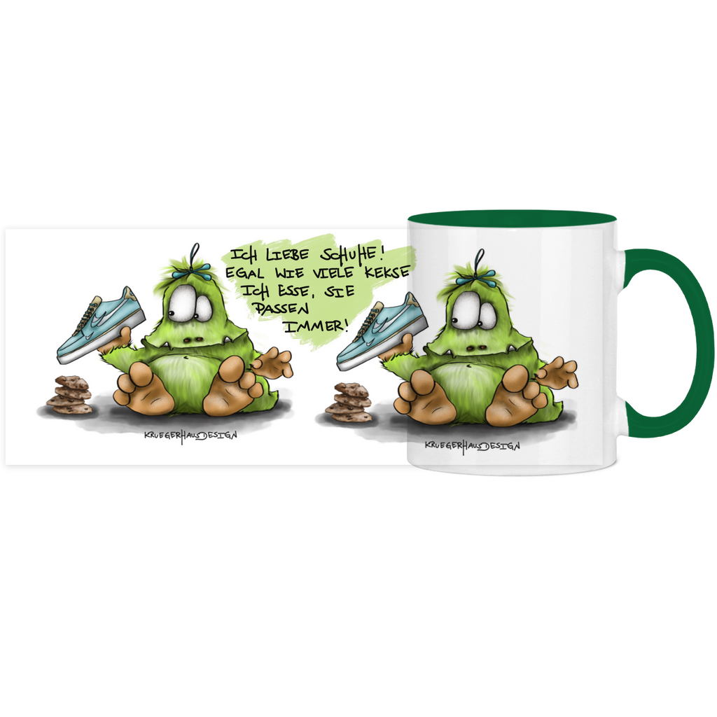 Tasse, Kaffeetasse, Teetasse, Kruegerhausdesign Monster mit Spruch, zweifarbig, 2. Variante, Ich liebe Schuhe...