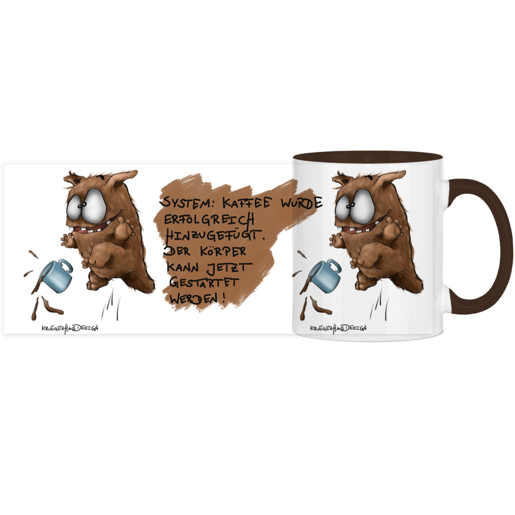 Tasse, Kaffeetasse, Teetasse, zweifarbig, Kruegerhausdesign Monster mit Spruch, 2. Variante, System: Kaffe wurde...