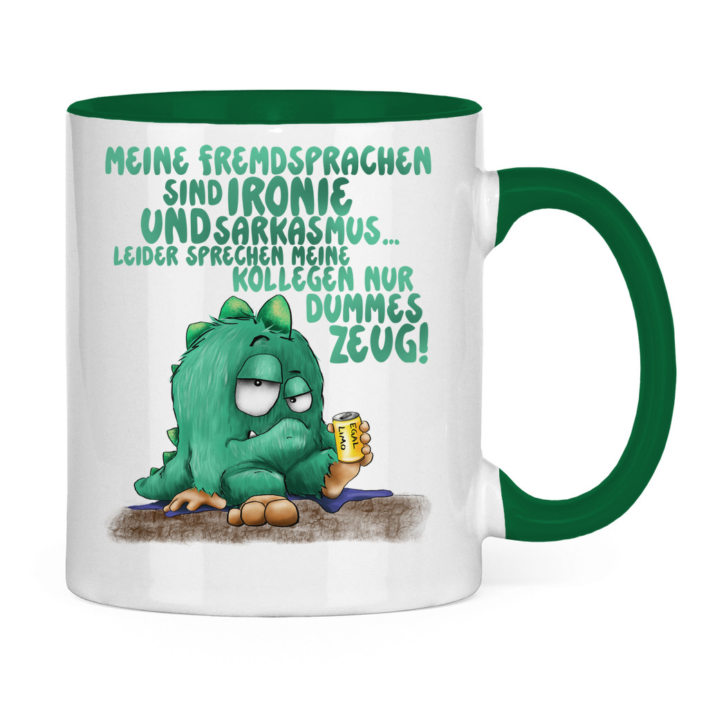 Tasse zweifarbig Meine Fremdsprachen sind Ironie und Sarkasmus.