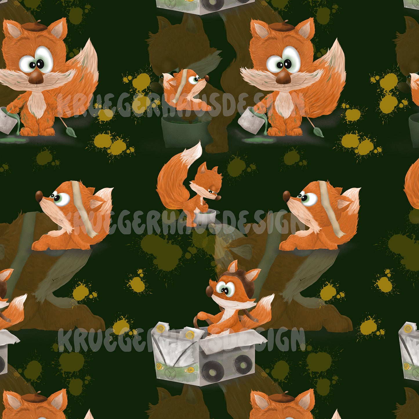 Exklusives Stoffdesign „Finn der Fuchs – Gartenzeit“ | Nahtloses Muster | 10 exklusive Farben + 2 Wunschfarben | Gewerbelizenz