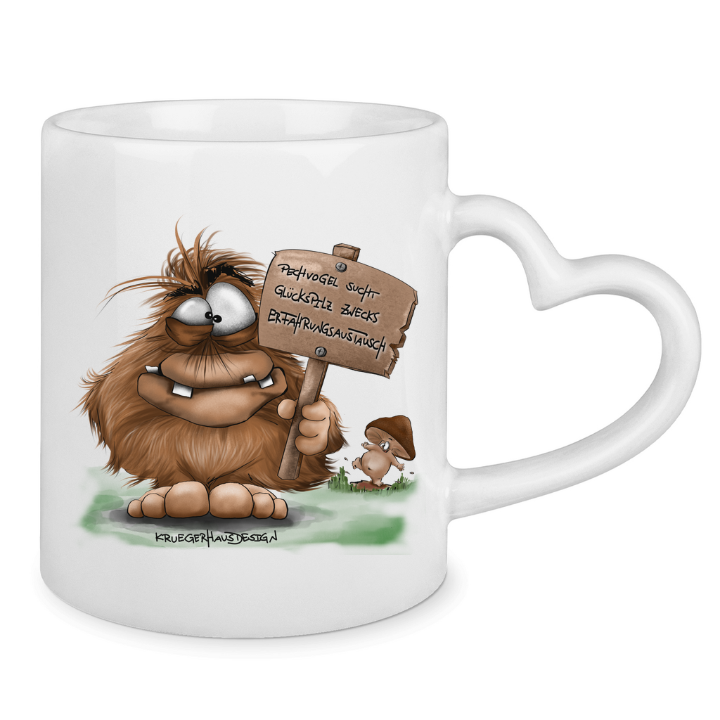 Tasse mit Herzhenkel Pechvogel sucht Glückspilz zwecks Erfahrungsaustausch, Hugo