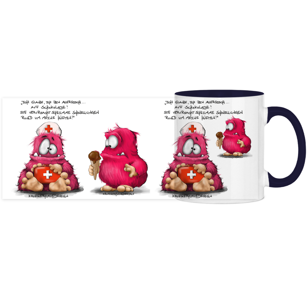 Tasse, Kaffeetasse, Teetasse, zweifarbig, Kruegerhausdesign Monster mit Spruch, Ich glaube, ich bin allergisch...