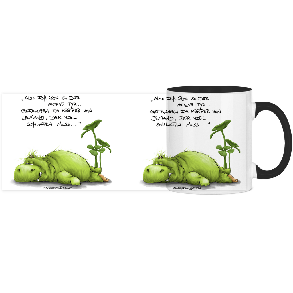 Tasse, Kaffeetasse, Teetasse, zweifarbig, Kruegerhausdesign Monster mit Spruch, klassisch, Also ich bin so der aktive Typ