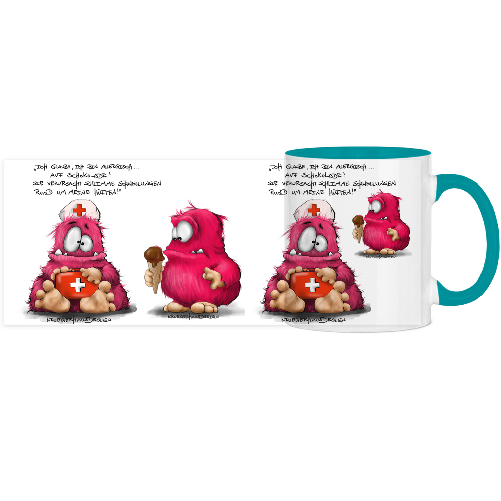 Tasse, Kaffeetasse, Teetasse, zweifarbig, Kruegerhausdesign Monster mit Spruch, Ich glaube, ich bin allergisch...