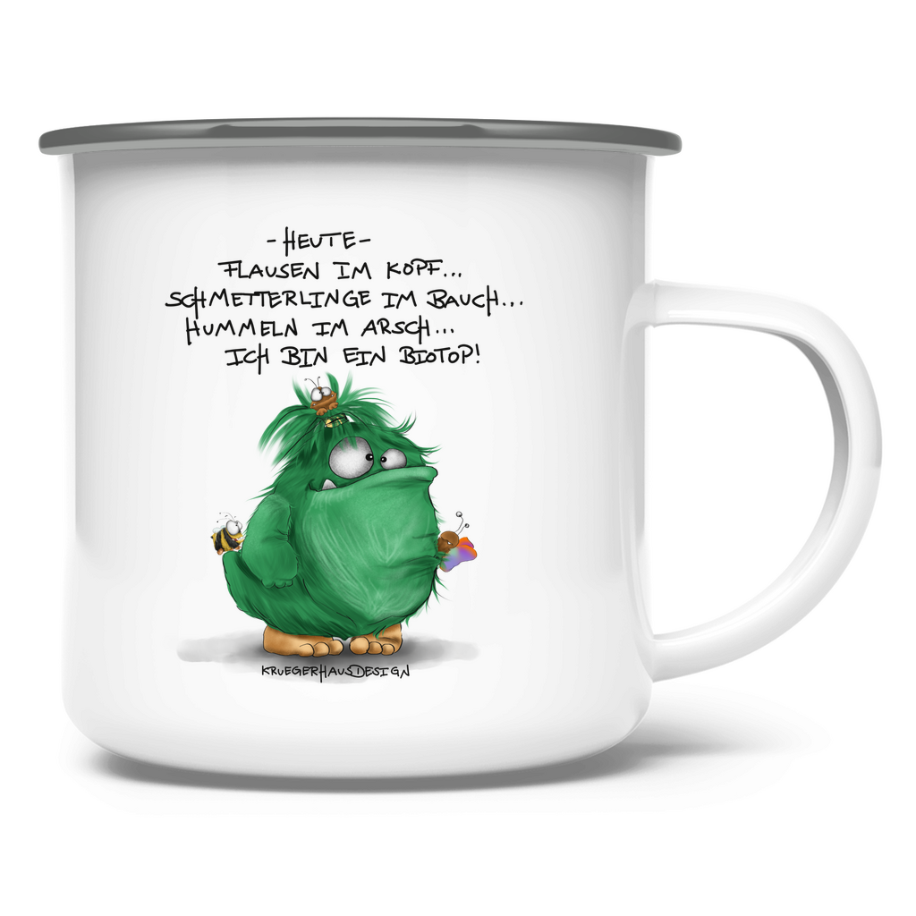 Emaille Tasse Heute, Flausen im Kopf... Schmetterlinge im Bauch... Biotop