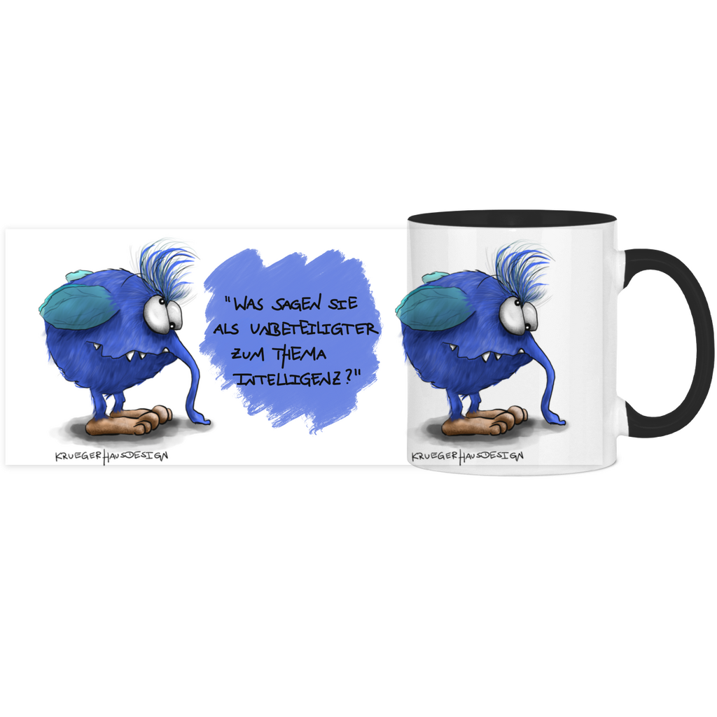 Tasse, Kaffeetasse, Teetasse, zweifarbig, Kruegerhausdesign Monster mit Spruch, Was sagen Sie als Unbeteiligter... Volldruck, 2.Variante