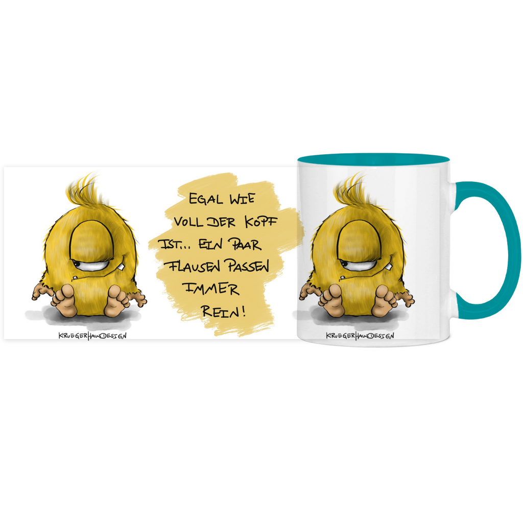 Tasse, Kaffeetasse, Teetasse, zweifarbig, Kruegerhausdesign Monster mit Spruch, 2. Variante, Egal wie voll der Kopf ist...