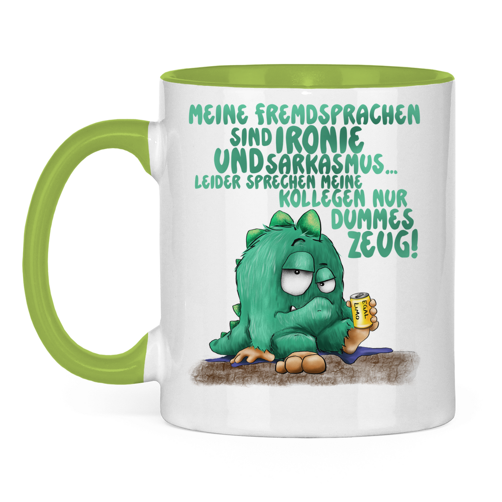 Tasse zweifarbig Meine Fremdsprachen sind Ironie und Sarkasmus.