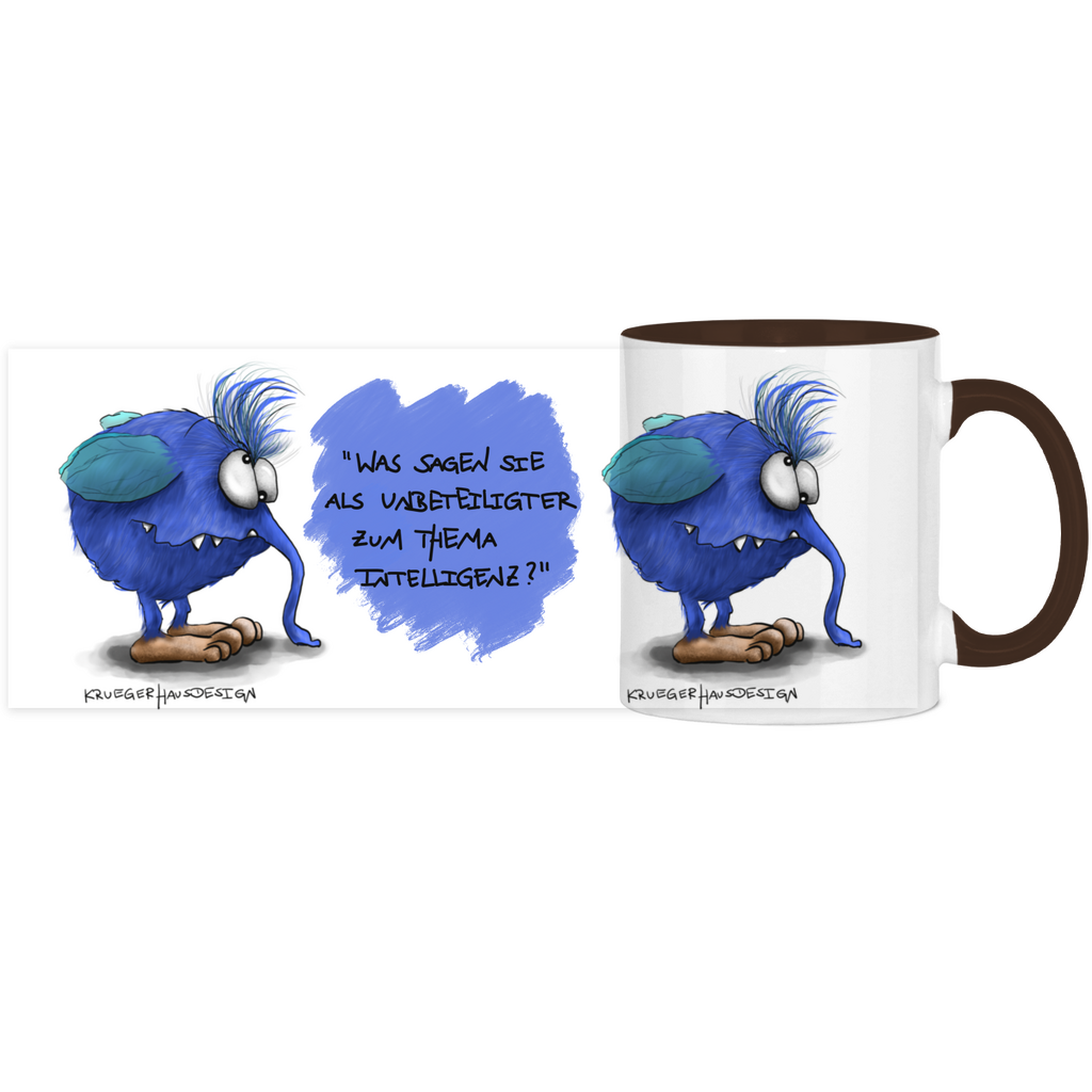 Tasse, Kaffeetasse, Teetasse, zweifarbig, Kruegerhausdesign Monster mit Spruch, Was sagen Sie als Unbeteiligter... Volldruck, 2.Variante
