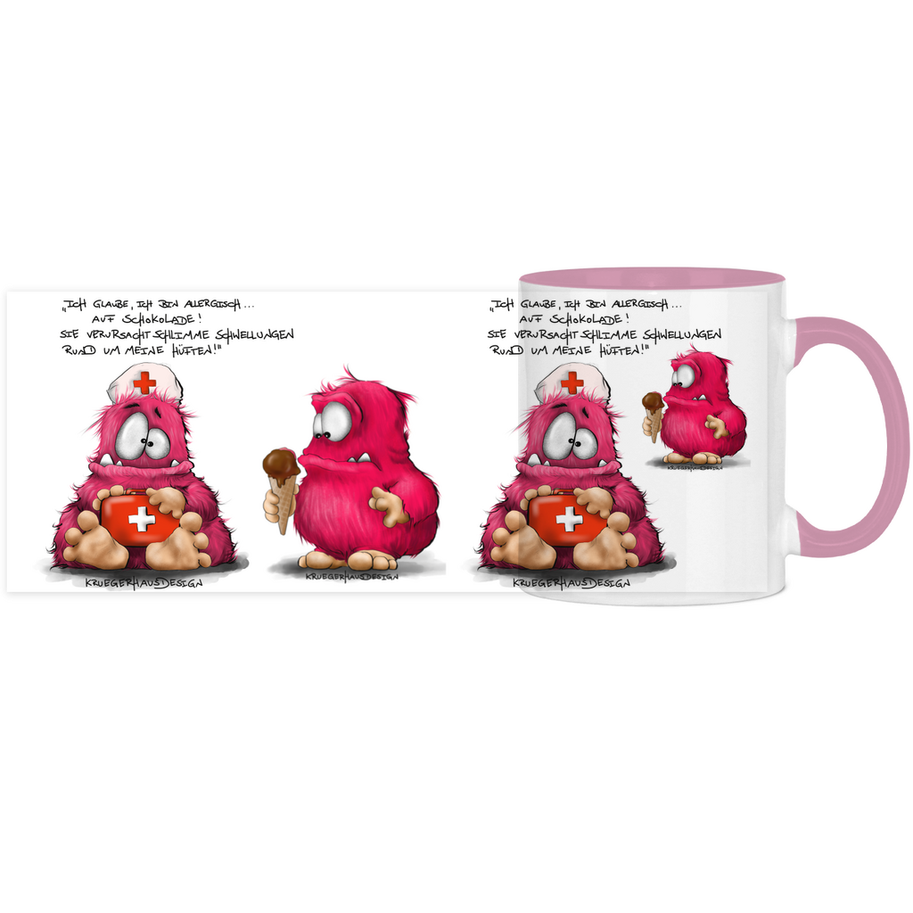 Tasse, Kaffeetasse, Teetasse, zweifarbig, Kruegerhausdesign Monster mit Spruch, Ich glaube, ich bin allergisch...