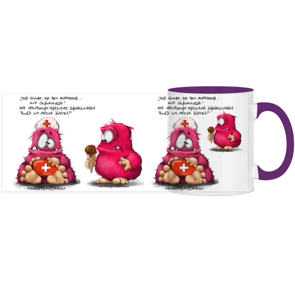 Tasse, Kaffeetasse, Teetasse, zweifarbig, Kruegerhausdesign Monster mit Spruch, Ich glaube, ich bin allergisch...