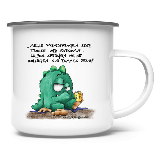 Emaille Tasse Meine Fremdsprachen sind Ironie und Sarkasmuss...