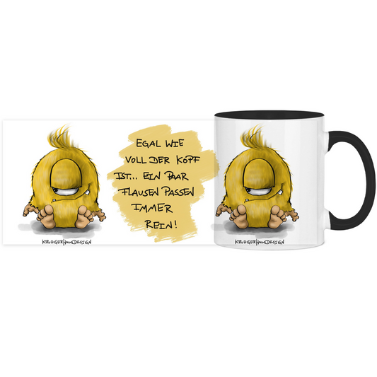 Tasse, Kaffeetasse, Teetasse, zweifarbig, Kruegerhausdesign Monster mit Spruch, 2. Variante, Egal wie voll der Kopf ist...