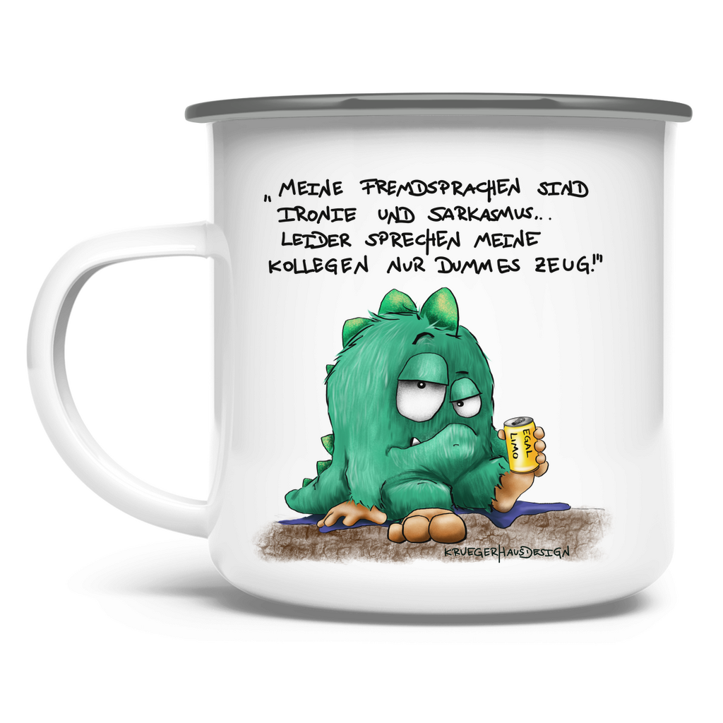 Emaille Tasse Meine Fremdsprachen sind Ironie und Sarkasmus, leider meine