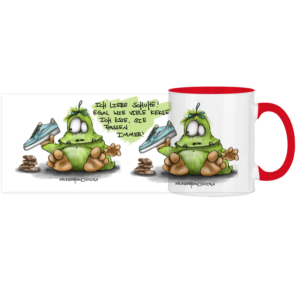 Tasse, Kaffeetasse, Teetasse, Kruegerhausdesign Monster mit Spruch, zweifarbig, 2. Variante, Ich liebe Schuhe...