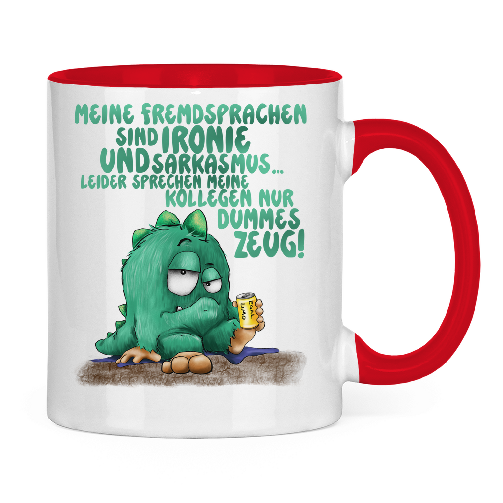Tasse zweifarbig Meine Fremdsprachen sind Ironie und Sarkasmus.