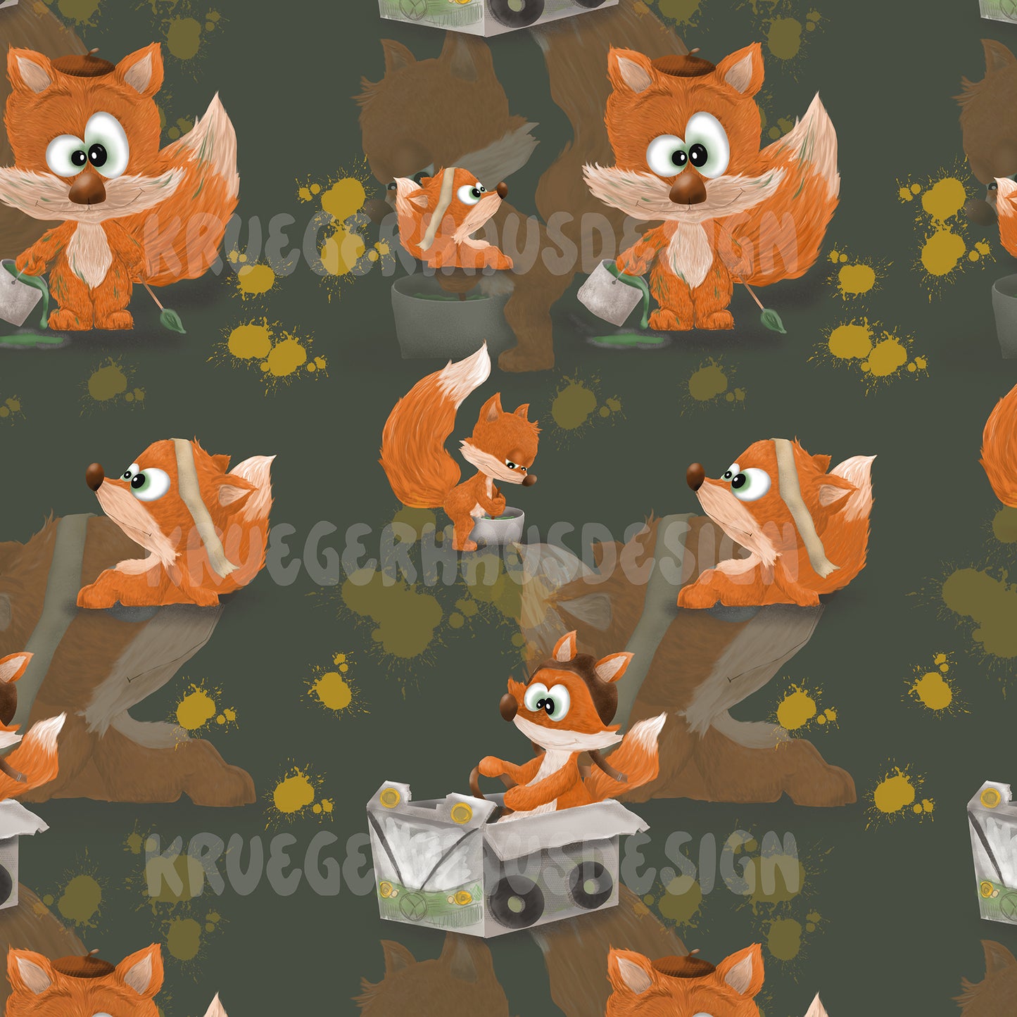 Exklusives Stoffdesign „Finn der Fuchs – Gartenzeit“ | Nahtloses Muster | 10 exklusive Farben + 2 Wunschfarben | Gewerbelizenz