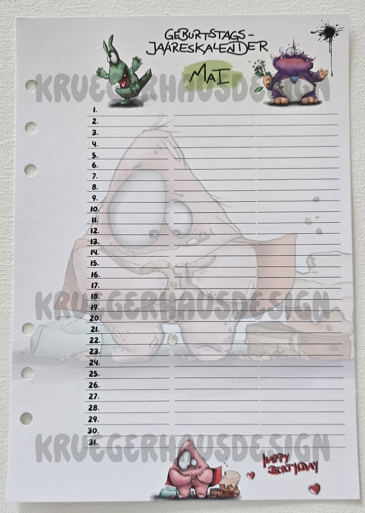 Monster Geburtstags-Jahreskalender A5 – Premium Journal-Einlagen Januar–Dezember