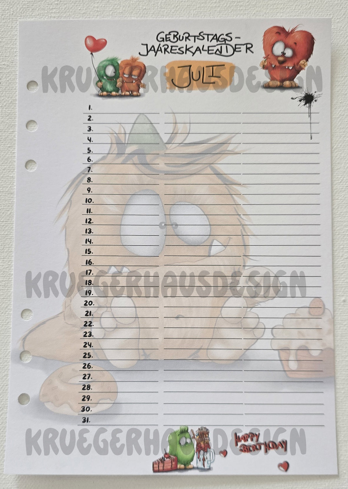 Monster Geburtstags-Jahreskalender A5 – Premium Journal-Einlagen Januar–Dezember