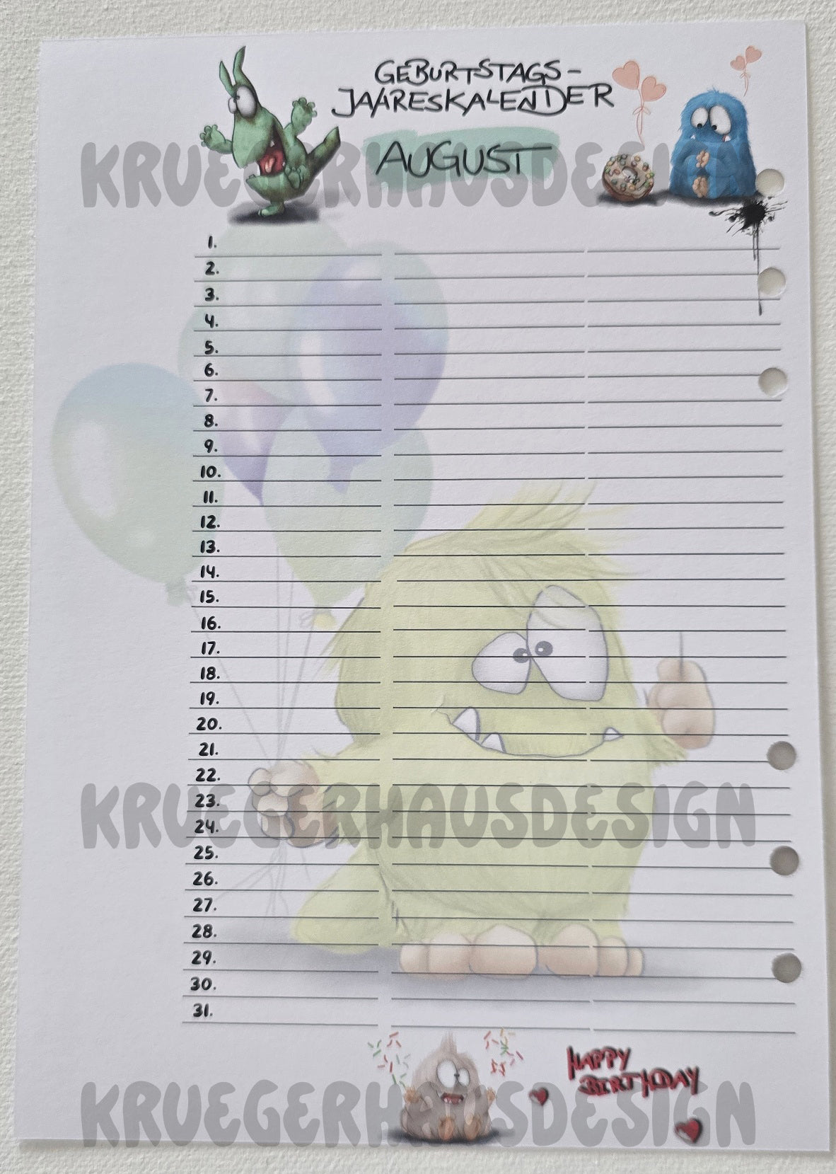 Monster Geburtstags-Jahreskalender A5 – Premium Journal-Einlagen Januar–Dezember
