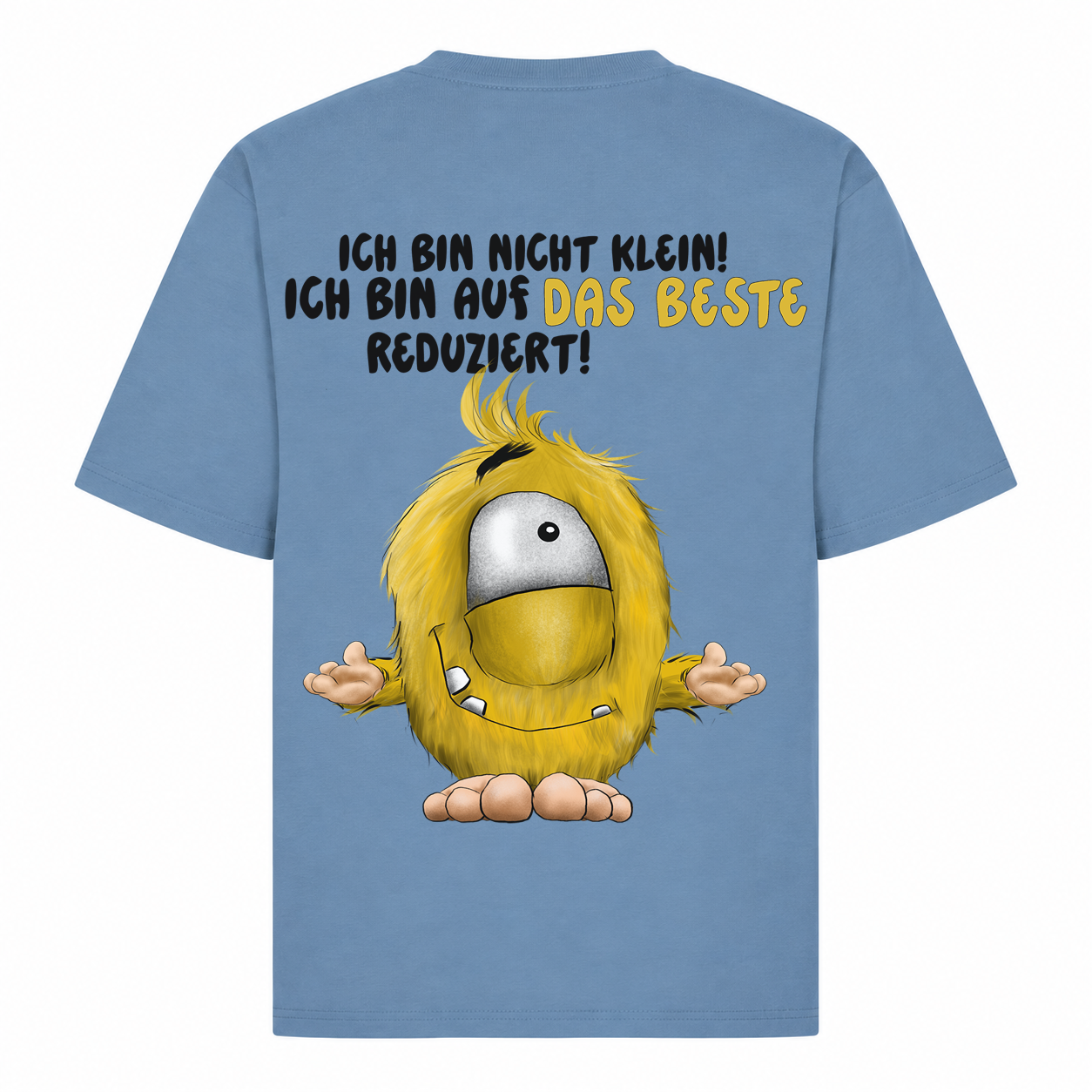 FINAL SALE T-Shirt Gr. L Denim Blau – „Ich bin nicht klein! Ich bin auf das Beste reduziert!“ – Monster Shirt