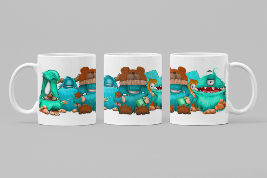 Monster Tasse „Wald Chaos Bande“ – Handgemachte Keramiktasse mit Orca Coating & lustigem Monster Motiv