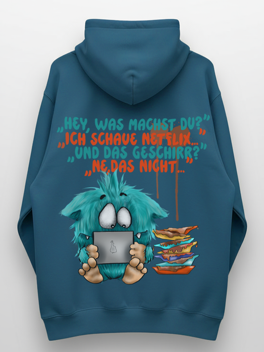 Unisex Hoodie XXL Druck Kruegerhausdesign Monster Gr. S,M, L, XL, XXL, 3XL, "Hey, was machst du?" "Ich schaue Netflix..."