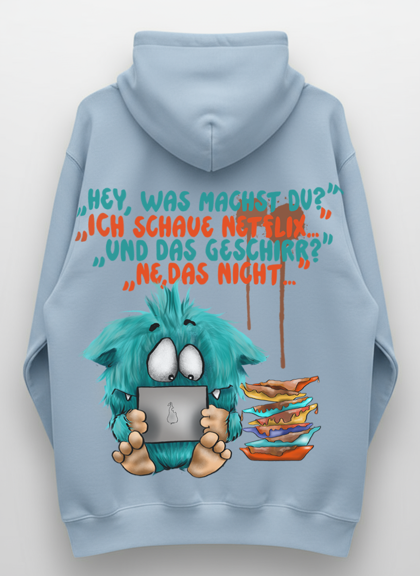 Unisex Hoodie XXL Druck Kruegerhausdesign Monster Gr. S,M, L, XL, XXL, 3XL, "Hey, was machst du?" "Ich schaue Netflix..."