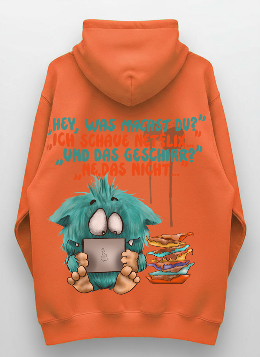 Unisex Hoodie XXL Druck Kruegerhausdesign Monster Gr. S,M, L, XL, XXL, 3XL, "Hey, was machst du?" "Ich schaue Netflix..."
