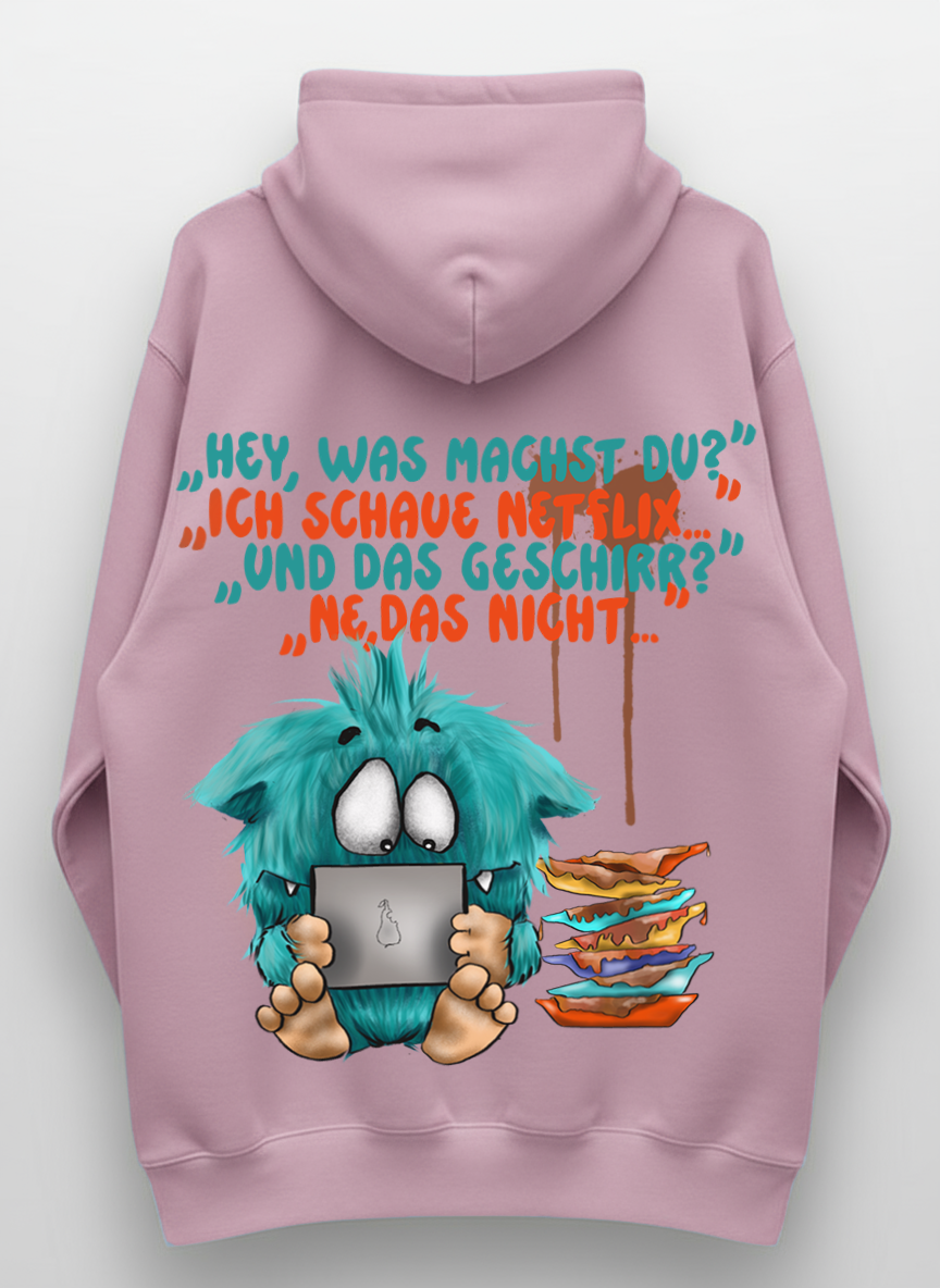 Unisex Hoodie XXL Druck Kruegerhausdesign Monster Gr. S,M, L, XL, XXL, 3XL, "Hey, was machst du?" "Ich schaue Netflix..."
