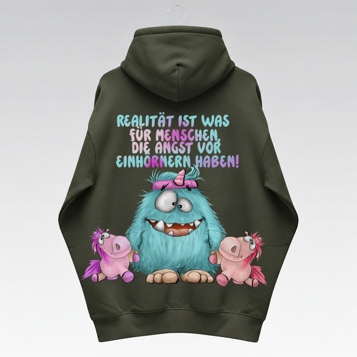 FINAL SALE – Monster Jacke Olive „Realität ist was für Menschen, die Angst vor Einhörnern haben!“ | Größe L