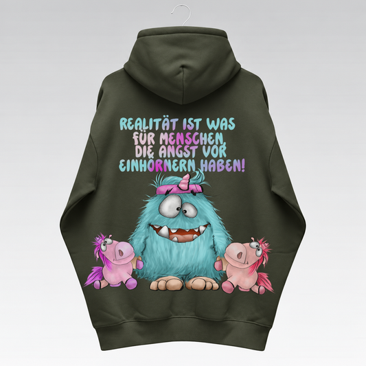 FINAL SALE – Monster Jacke Olive „Realität ist was für Menschen, die Angst vor Einhörnern haben!“ | Größe L