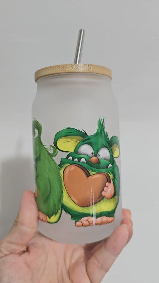 Trinkglas mit Bambusdeckel und Edelstahl Halm mit Glassticker von Monster Multidesign in grün