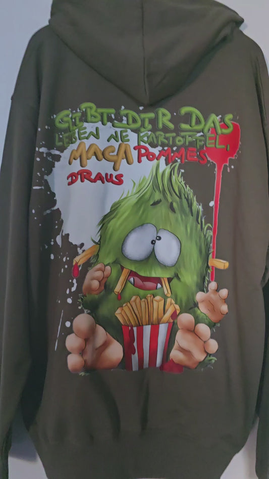 Unisex Hoodie XXL Druck Kruegerhausdesign Monster, Gr. L, army green, Gibt dir das Leben ne Kartoffel, machvPommes draus!