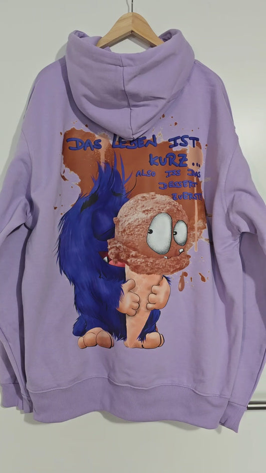 Unisex Hoodie XXL Druck Kruegerhausdesign Monster in flieder Gr. 3XL, Das Leben ist kurz, iss das Dessert zuerst!