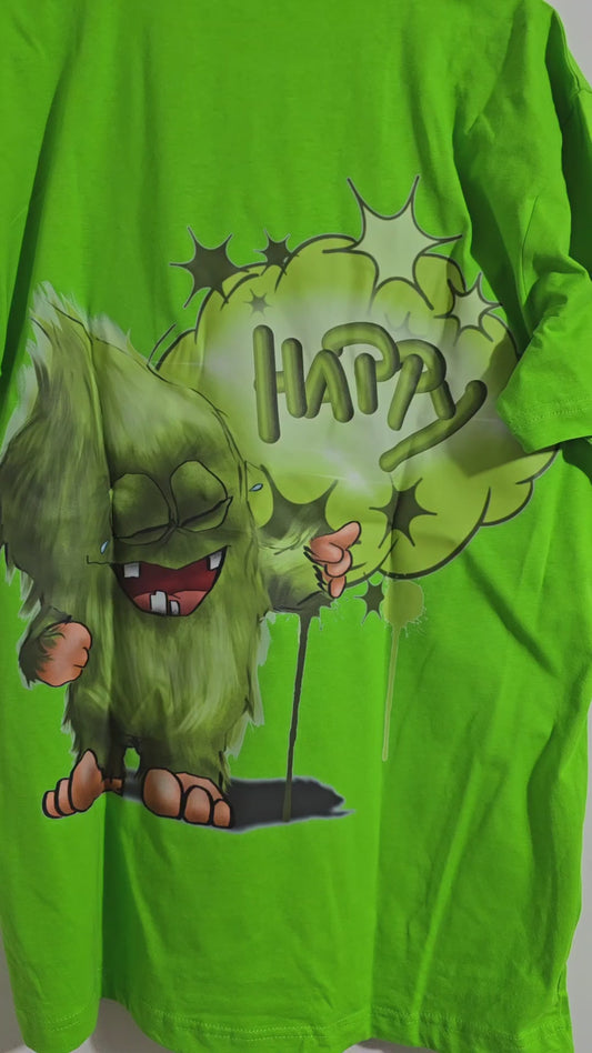 T-Shirt mit XXL Druck Kruegerhausdesign Monster in lime green Gr. XL,"Happy" limitierte Auflage