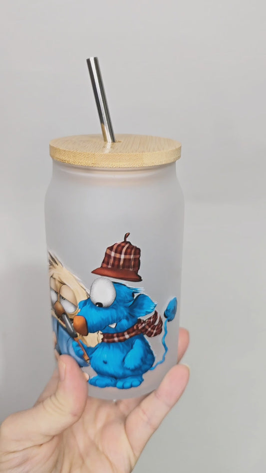 Geschenk Set aus Trinkglas mit Monster, Kalender und Postkarte, Einzigartig in blau