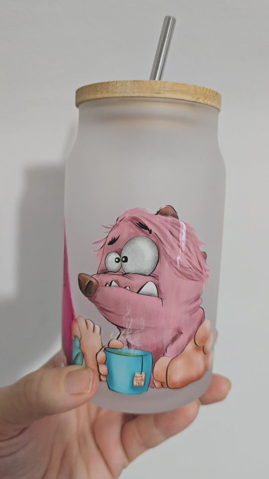 Geschenk Set aus Trinkglas mit Monster, Kalender und Postkarte, Einzigartig in pink