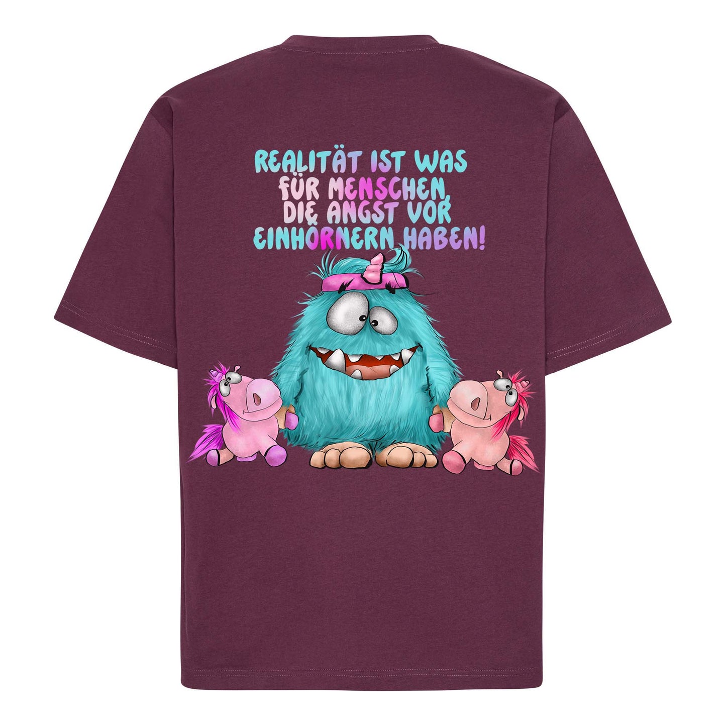 FINAL SALE T-Shirt Gr. 4XL Beere – „Realität & Einhörner“ – Kruegerhausdesign