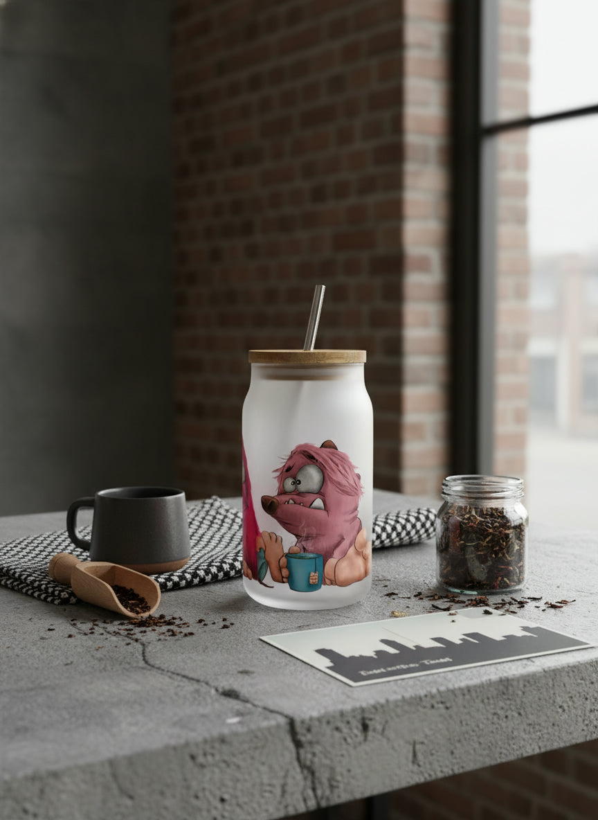 Geschenk Set aus Trinkglas mit Monster, Kalender und Postkarte, Einzigartig in pink