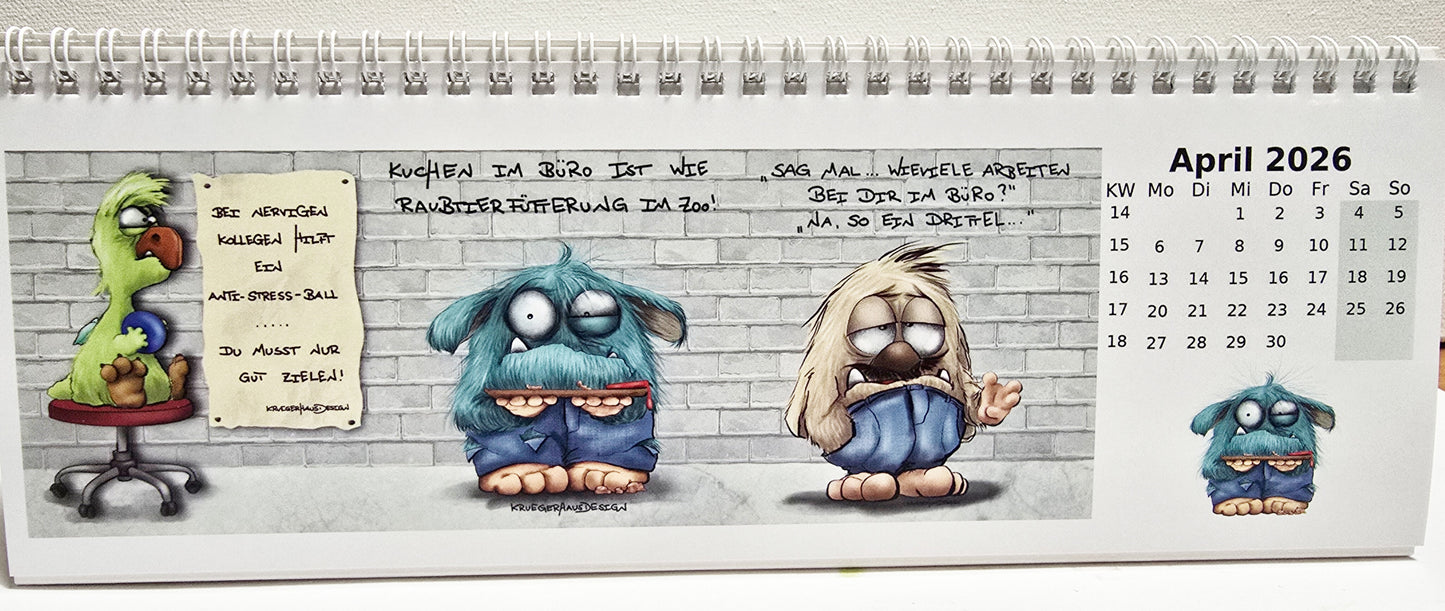 Kalender Tischkalender Neu 2026 breit Monster 30cmx10,5cm