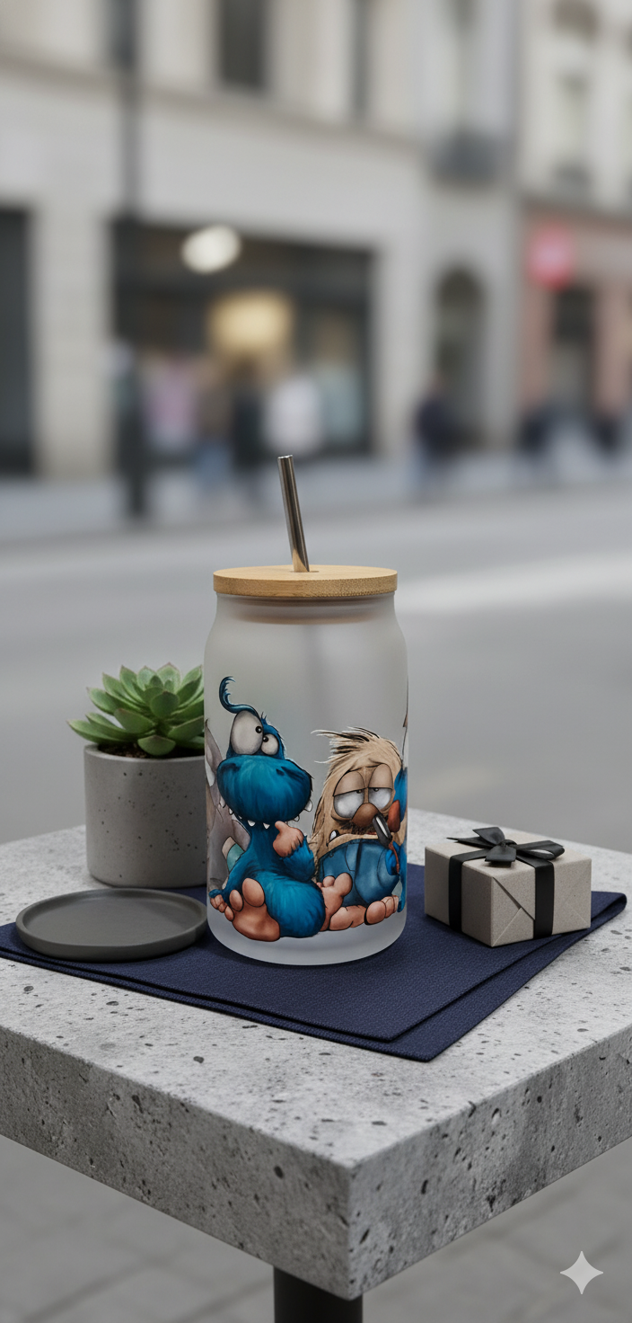 Geschenk Set aus Trinkglas mit Monster, Kalender und Postkarte, Einzigartig in blau