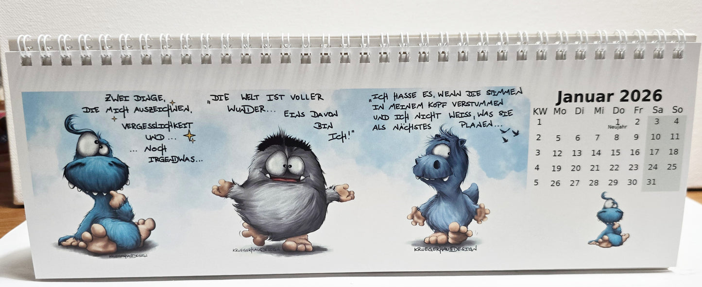 Kalender Tischkalender Neu 2026 breit Monster 30cmx10,5cm