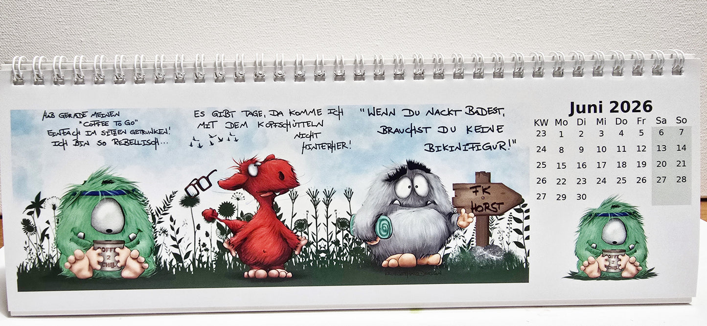 Kalender Tischkalender Neu 2026 breit Monster 30cmx10,5cm