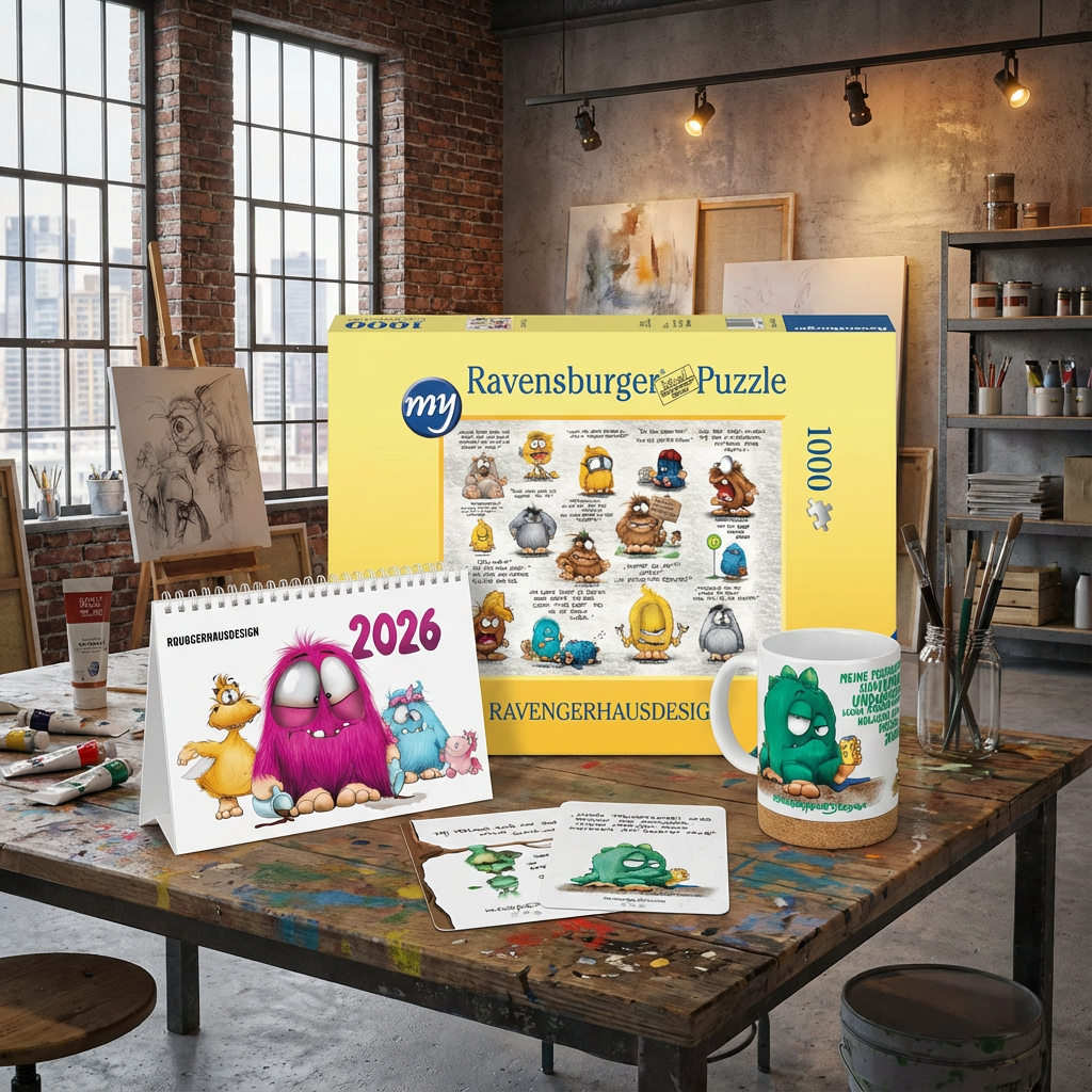 Geschenk Set aus einem Keramik Bambus Tasse Lee Monster, 1000 Puzzle, Kalender und Postkarten, nur 1x vorhanden