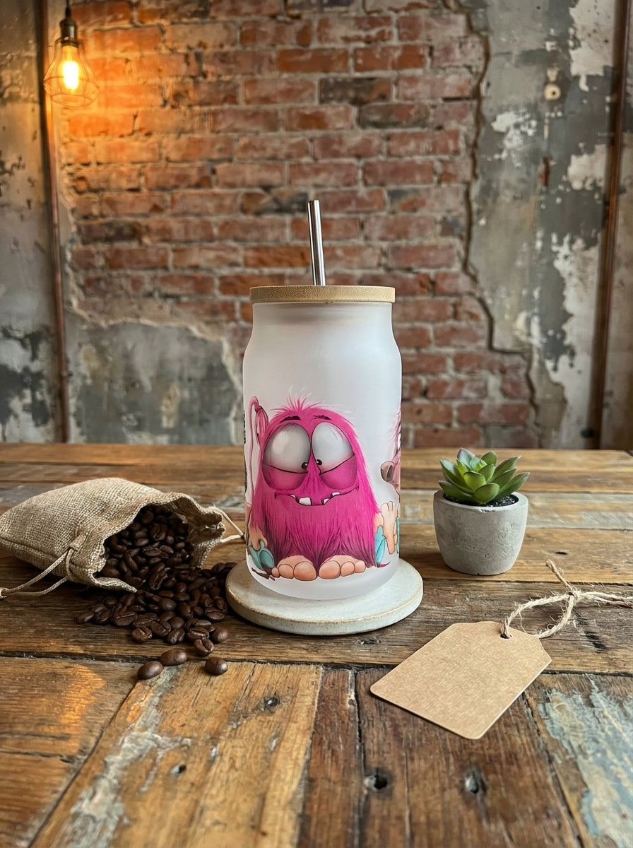 Geschenk Set aus Trinkglas mit Monster, Kalender und Postkarte, Einzigartig in pink