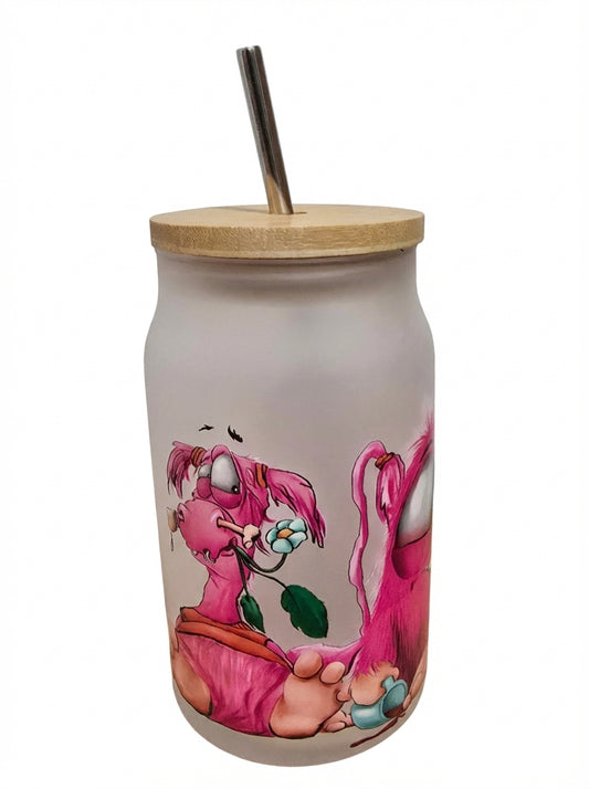 Trinkglas mit Bambusdeckel und Edelstahl Halm mit Glassticker von Monster Multidesign in pink