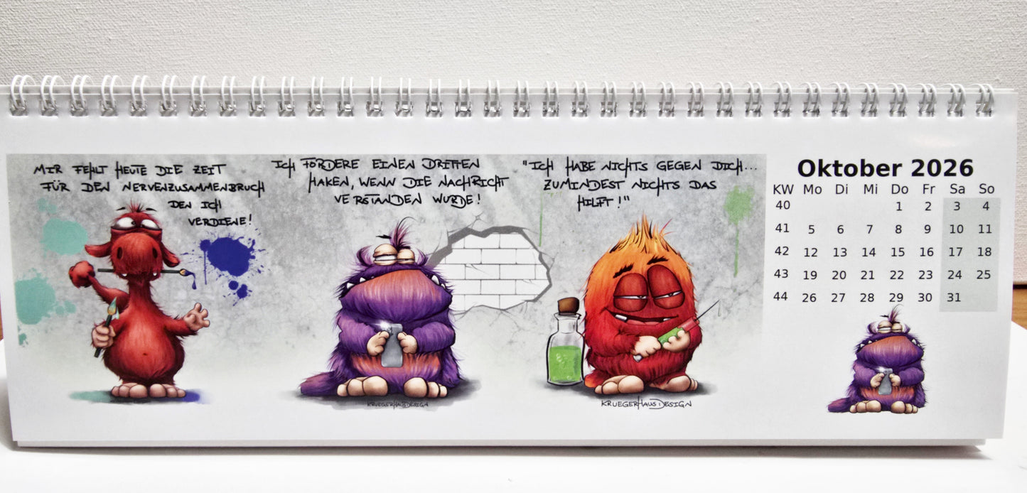Kalender Tischkalender Neu 2026 breit Monster 30cmx10,5cm