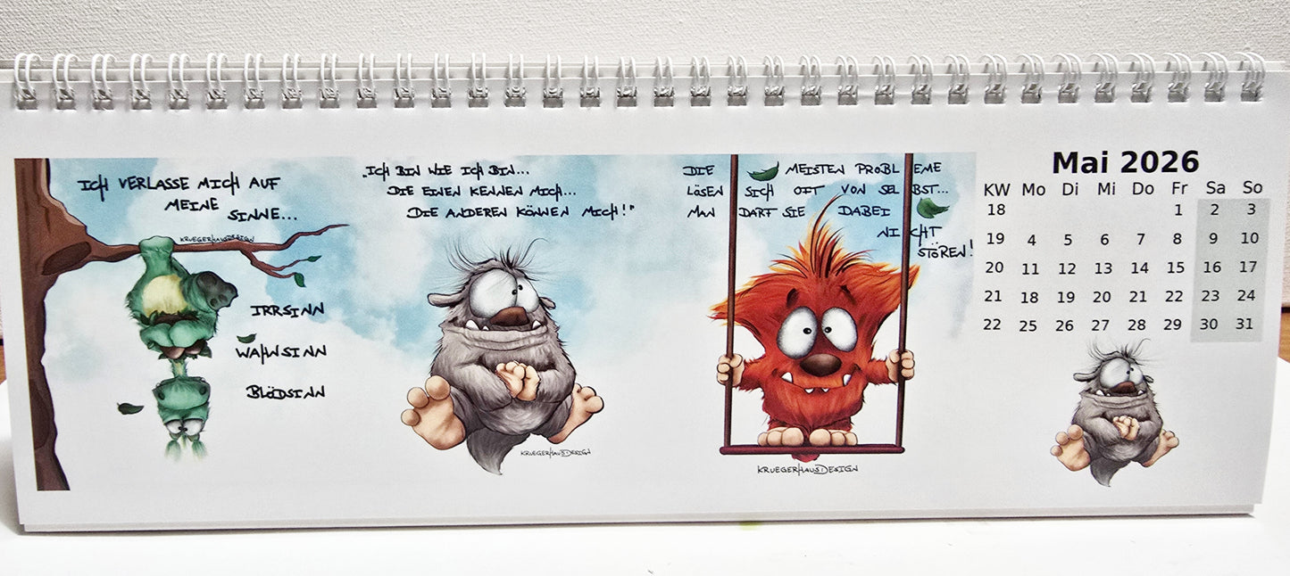 Kalender Tischkalender Neu 2026 breit Monster 30cmx10,5cm